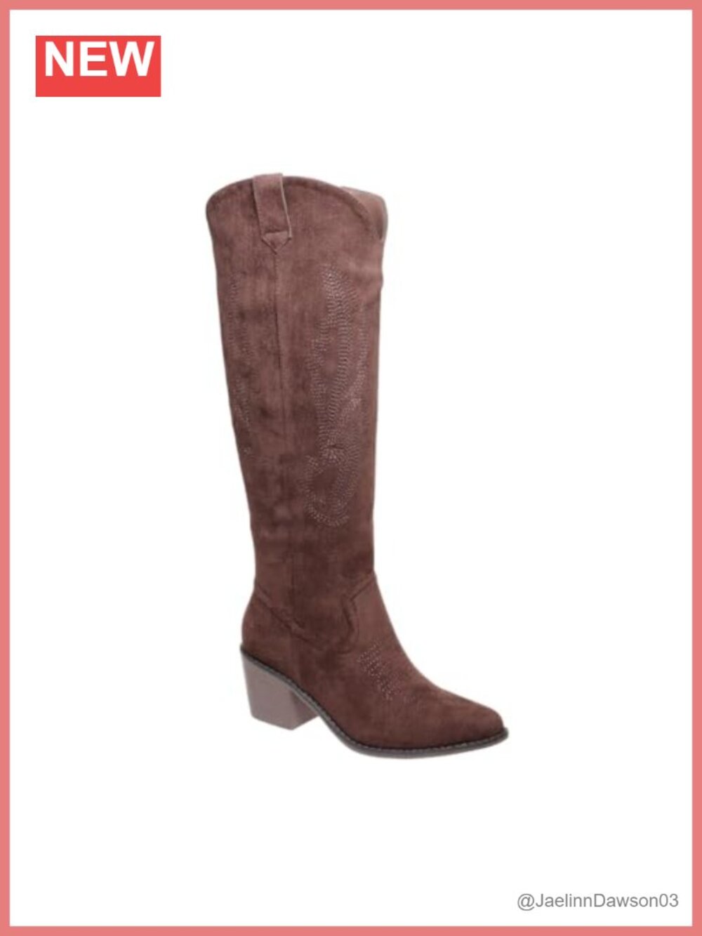 Faux Suede Knee High Cowboy Boots Pull On Chunky Heel Embroidered Wide Calf